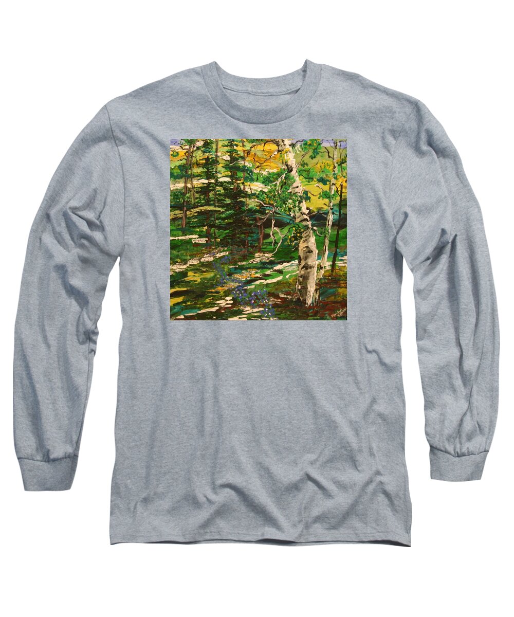 Impressionist Aspen Long Sleeve T-Shirt featuring the painting Springtime in the Rockies by Marilyn Quigley