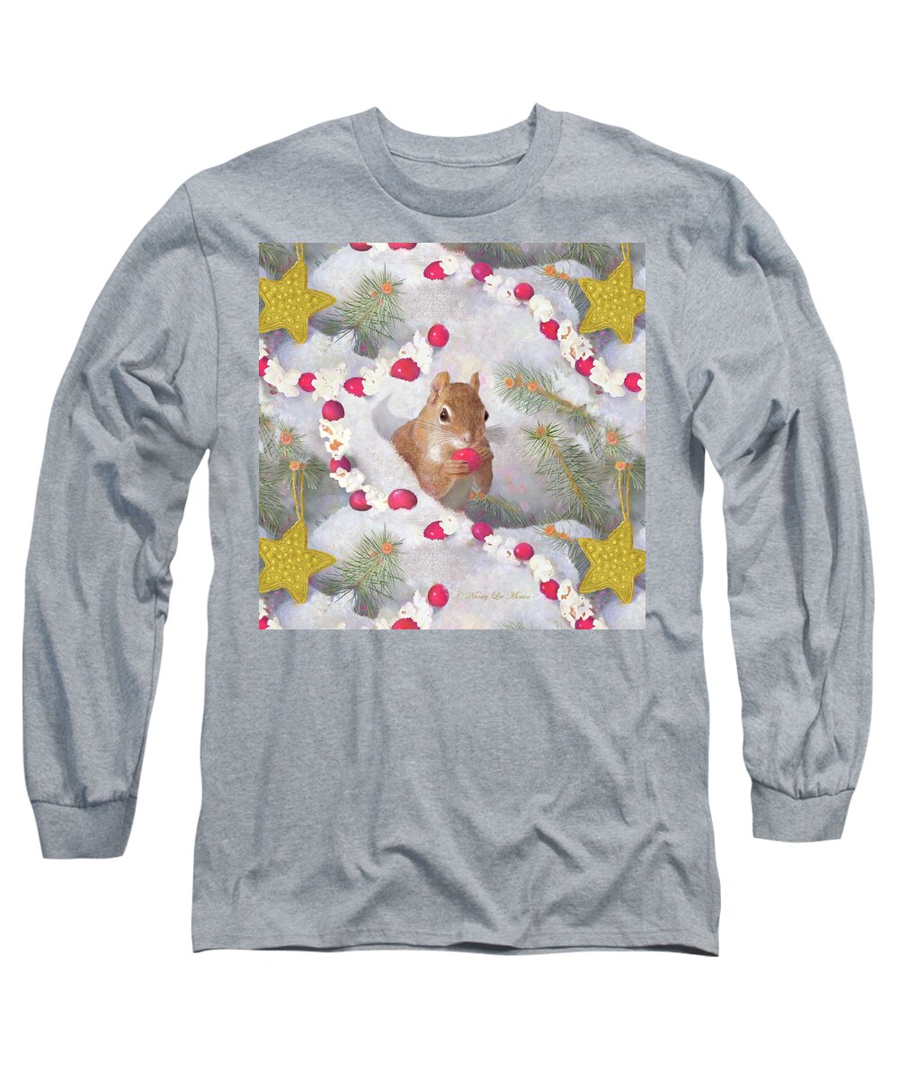 Christmas Long Sleeve T-Shirt featuring the painting Squirrel in Snow with Cranberries by Nancy Lee Moran