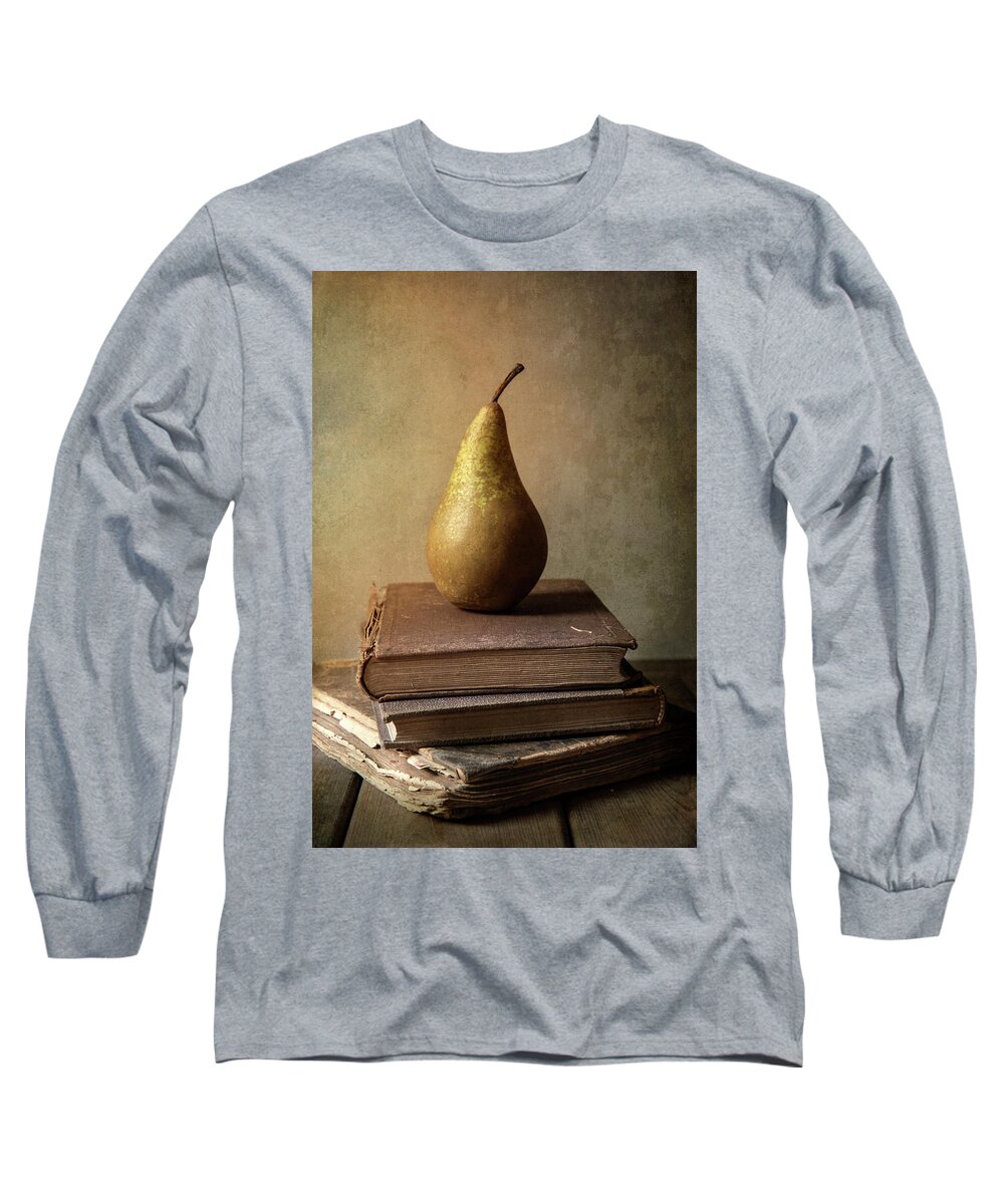 Book Long Sleeve T-Shirt featuring the photograph Still life with old books and fresh pear by Jaroslaw Blaminsky