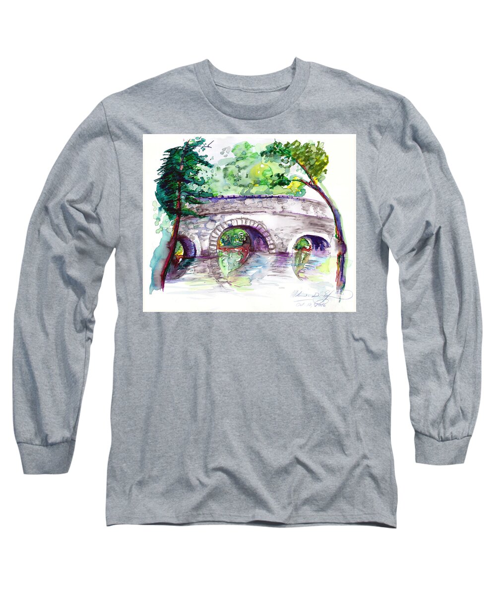 Stone Long Sleeve T-Shirt featuring the painting Stone Bridge in Early Autumn by Melinda Dare Benfield