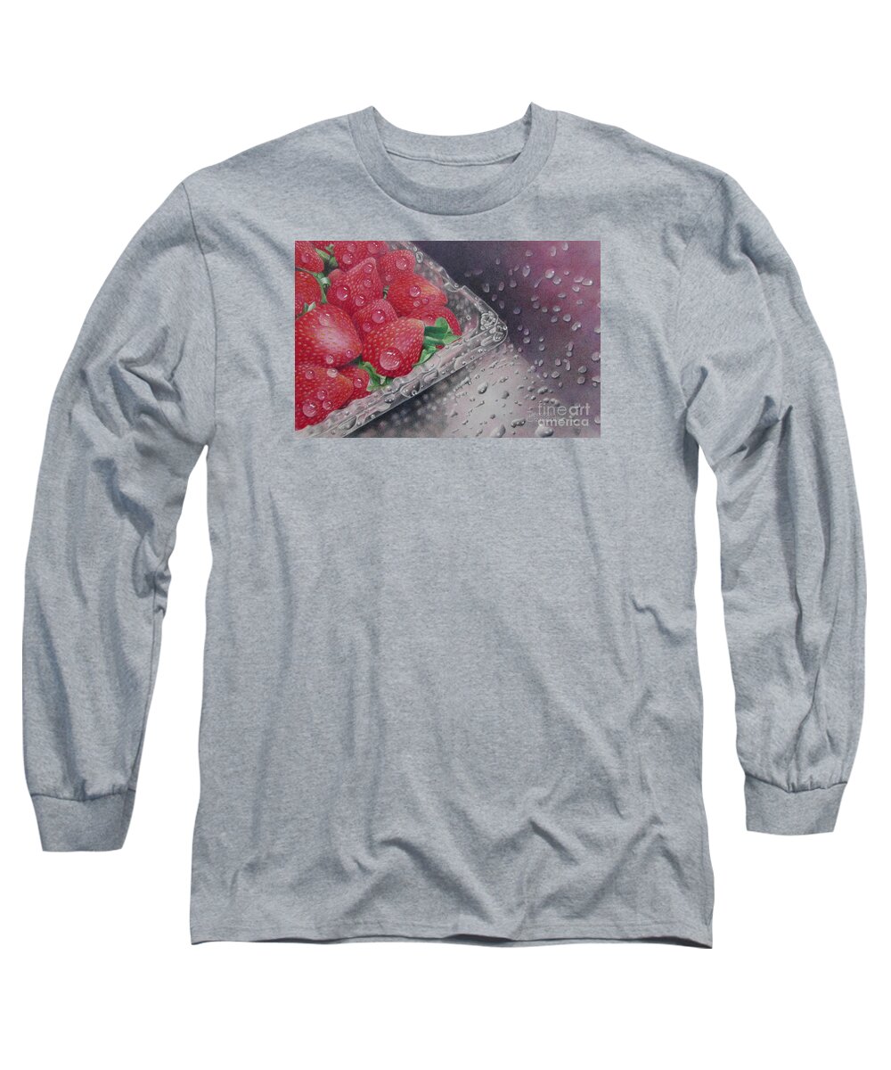 Strawberries Long Sleeve T-Shirt featuring the drawing Strawberry Splash by Pamela Clements