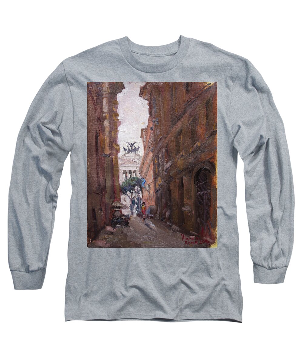Rome Long Sleeve T-Shirt featuring the painting Street at Piazza Venezia Rome by Ylli Haruni