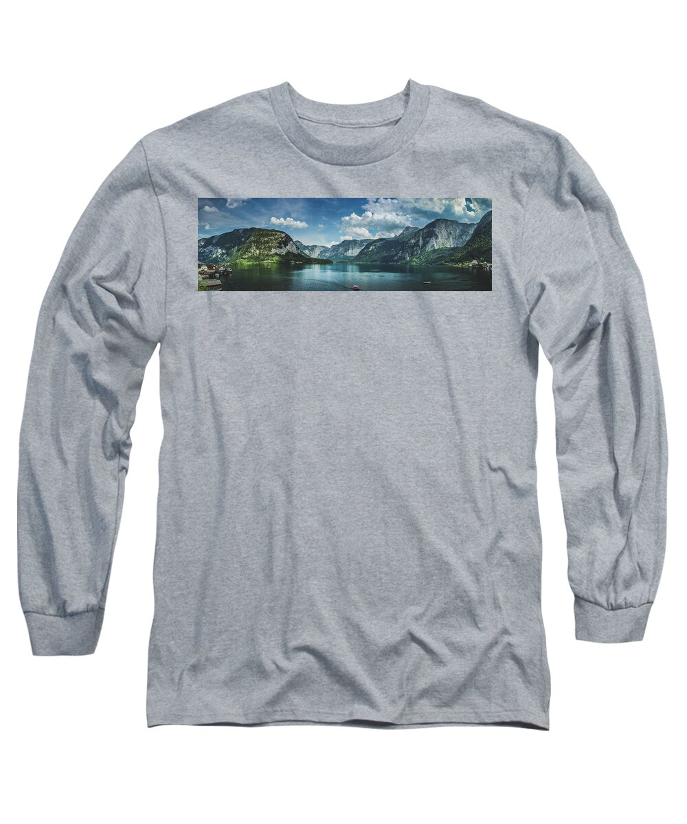 Architecture Long Sleeve T-Shirt featuring the photograph Stunning Lake Hallstatt Panorama by Andy Konieczny