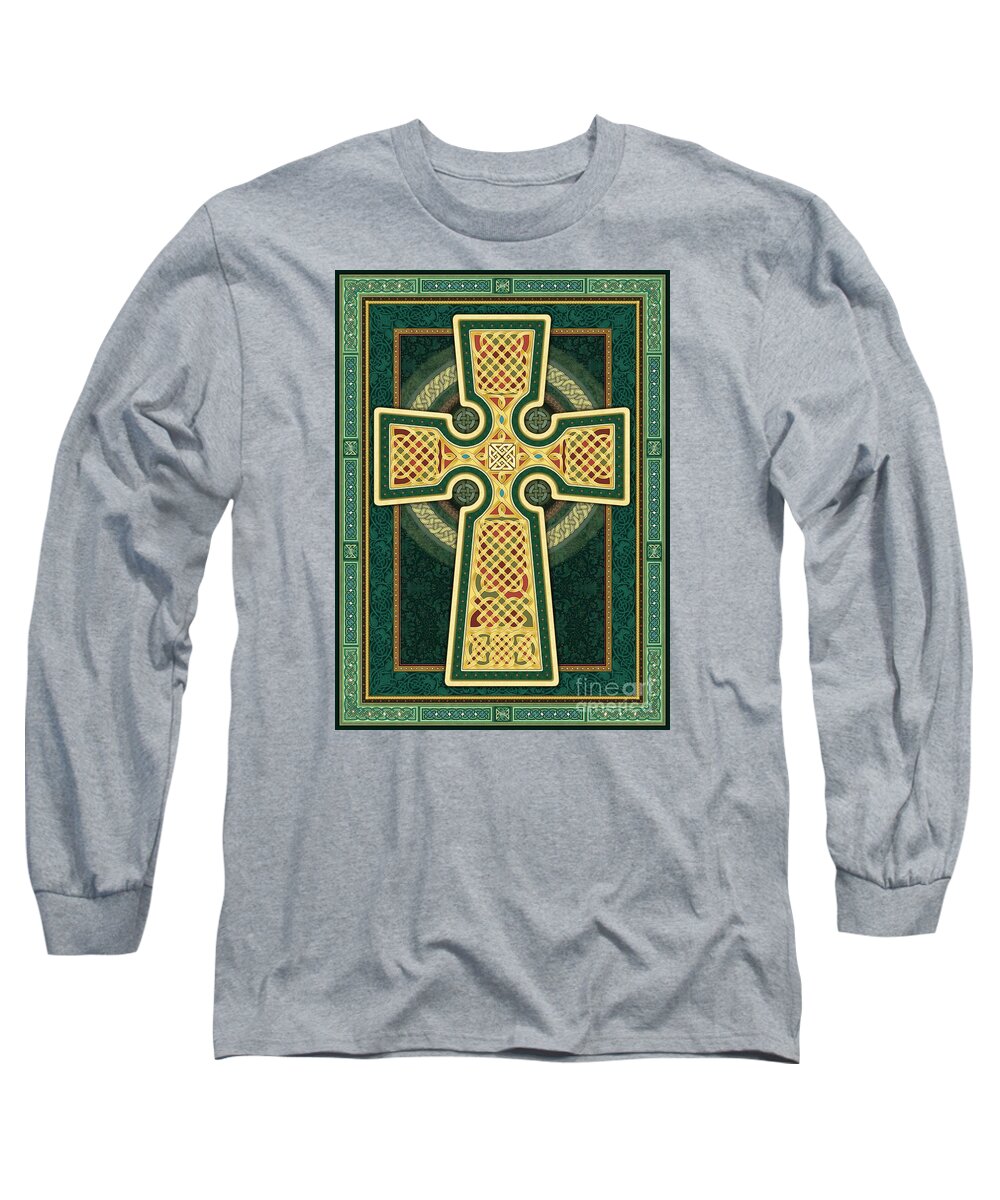 Celtic Cross Long Sleeve T-Shirt featuring the digital art Stylized Celtic Cross in Green by Randy Wollenmann