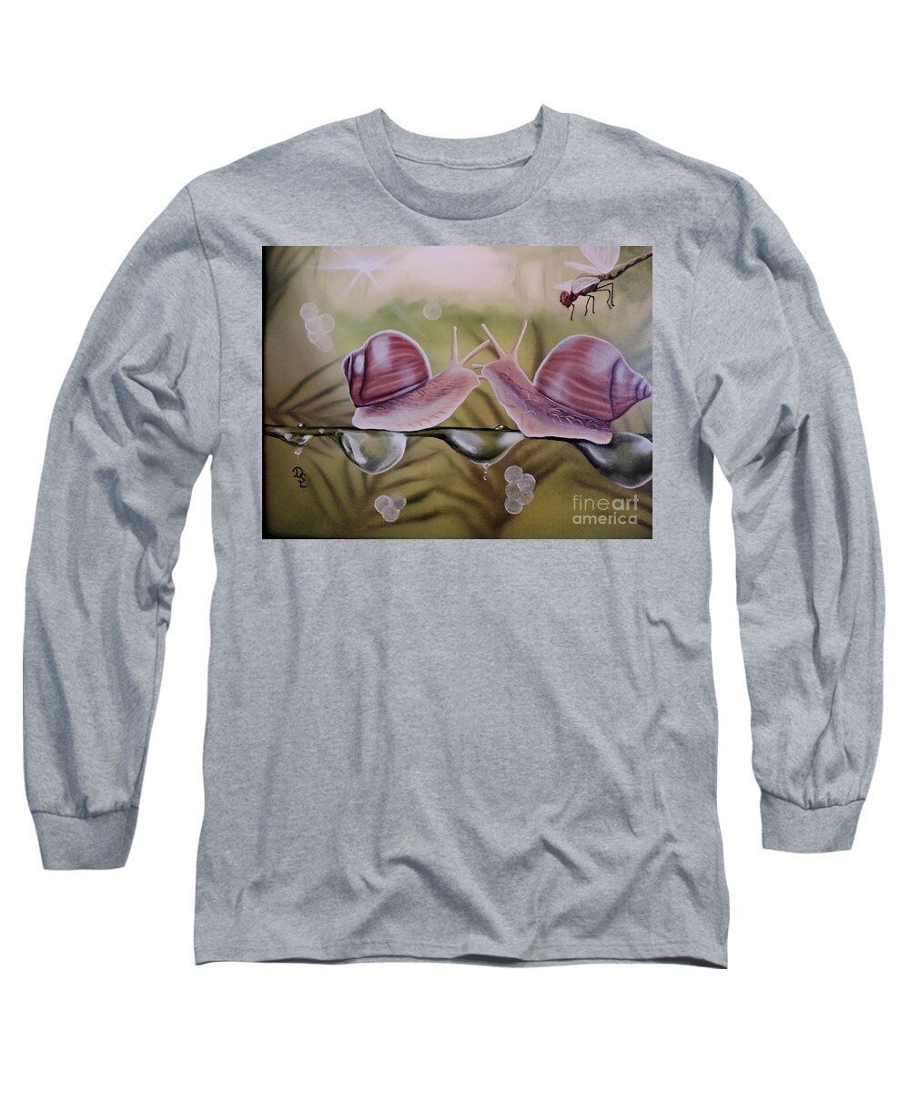 Snail Dragonfly Nature Insects Dew Drops Greens Golds Browns Shell Light Prisms Forest Slugs Water Plants Ferns Wings Long Sleeve T-Shirt featuring the painting Sue and Sammy Snail by Dianna Lewis