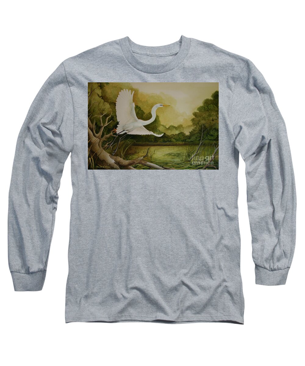 Great Egret Long Sleeve T-Shirt featuring the painting Summer Solitude by Charles Owens