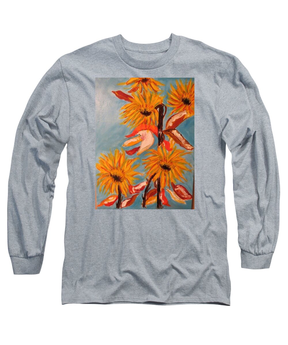 Abstract Sunflowers Tuscan Provence Summer Fall Harvest Flowers Joyful Gold Brown Blue Magenta Long Sleeve T-Shirt featuring the painting Sunflowers At Harvest by Sharyn Winters
