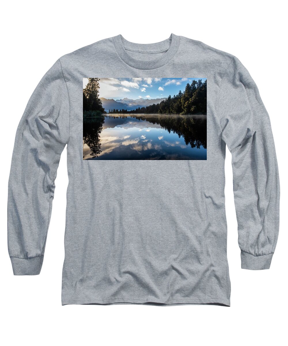 Mt.cook Long Sleeve T-Shirt featuring the photograph Sunrise spectacular at Lake Matheson. by Usha Peddamatham