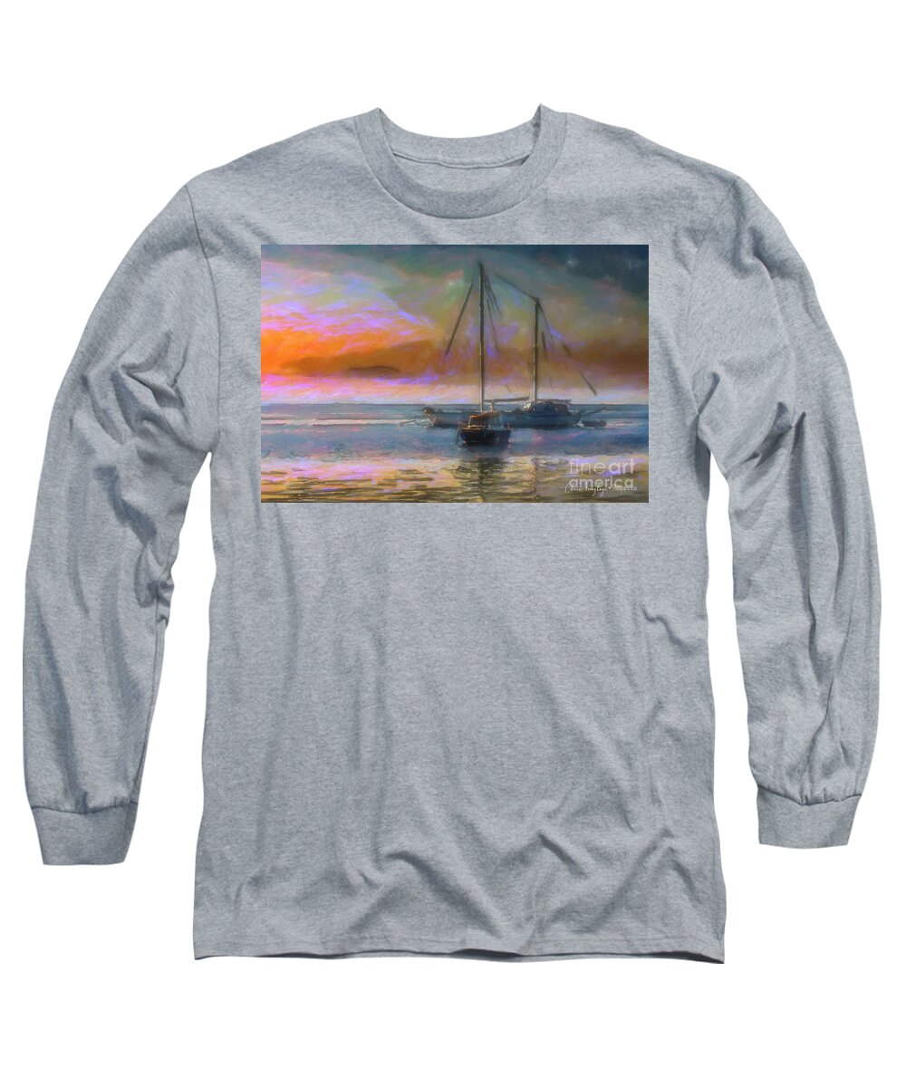 Sunrise Long Sleeve T-Shirt featuring the painting Sunrise with boats by Chris Armytage