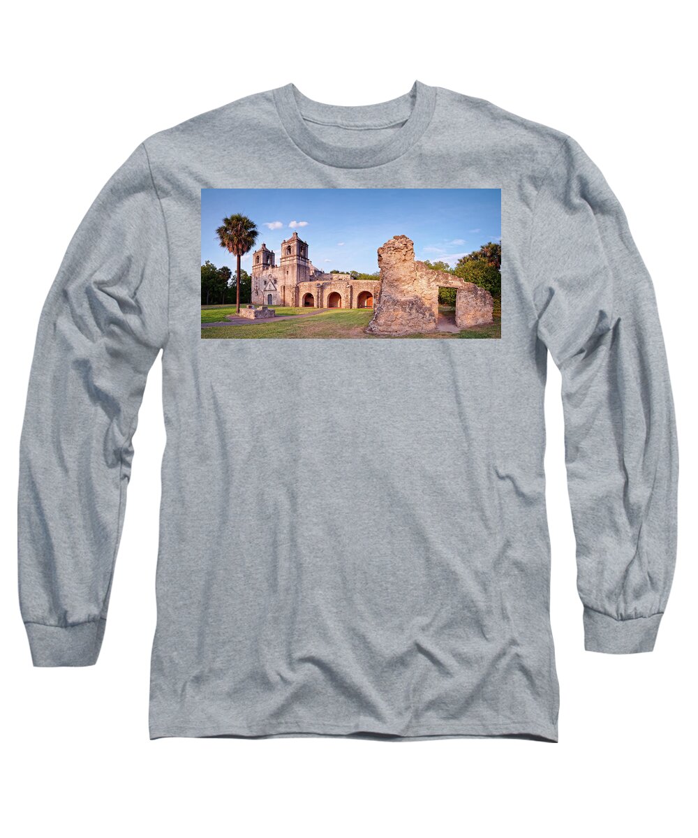 San Antonio Long Sleeve T-Shirt featuring the photograph Sunset Panorama of Mission Concepcion and Ruins in San Antonio - Bexar County Texas by Silvio Ligutti