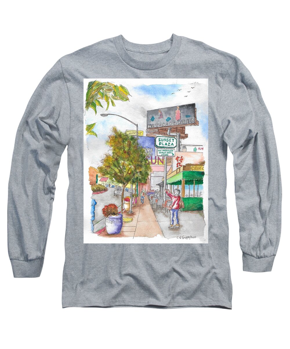 Sunset Plaza Long Sleeve T-Shirt featuring the painting Sunset Plaza, Sunset Blvd., and Londonderry, West Hollywood, California by Carlos G Groppa