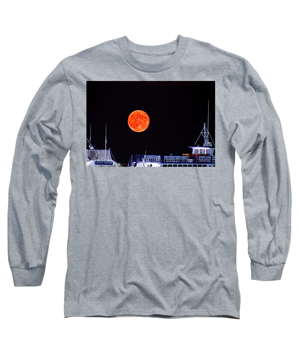 Moon Long Sleeve T-Shirt featuring the photograph Super Moon over Crazy Sister Marina by Bill Barber