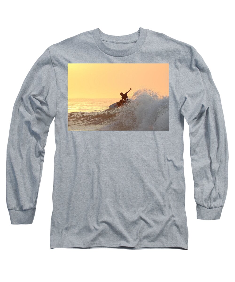 Surf Long Sleeve T-Shirt featuring the photograph Surfing In Golden Sky by Robert Banach