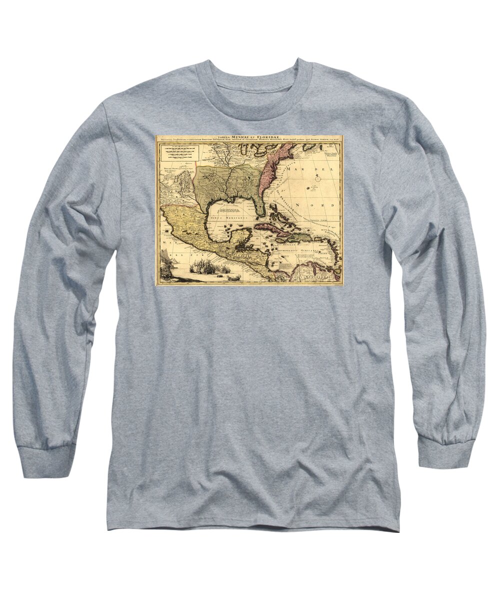 Texas Long Sleeve T-Shirt featuring the digital art Tabula Mexicae et Floridae 1710 by Texas Map Store