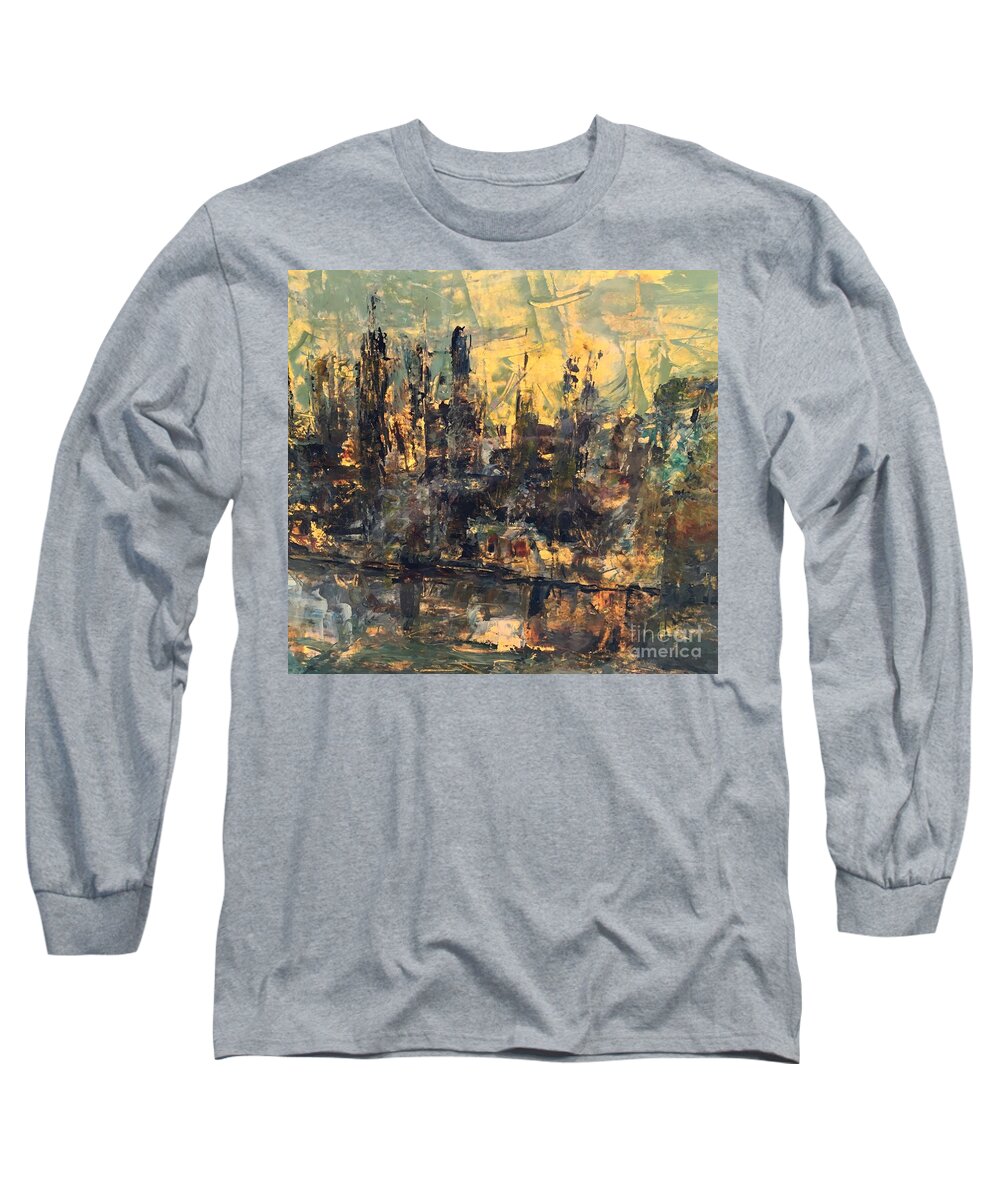 Acrylic Abstract Painting Of A City Long Sleeve T-Shirt featuring the painting The City by Nancy Kane Chapman