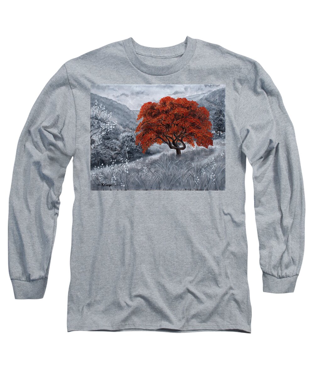 Grayscale Long Sleeve T-Shirt featuring the painting The Red Tree by Stephen Krieger