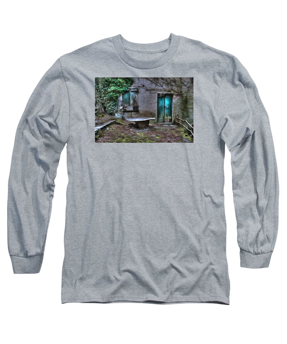 Round Table Long Sleeve T-Shirt featuring the photograph THE ROUND TABLE HOUSE IN THE ABANDONED VILLAGE OF THE LIGURIAN MOUNTAINS HIGH WAY in Arena by Enrico Pelos