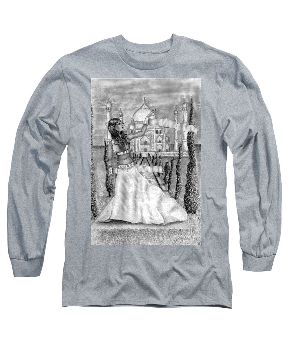 Taj Mahal Long Sleeve T-Shirt featuring the drawing The View by Scarlett Royale