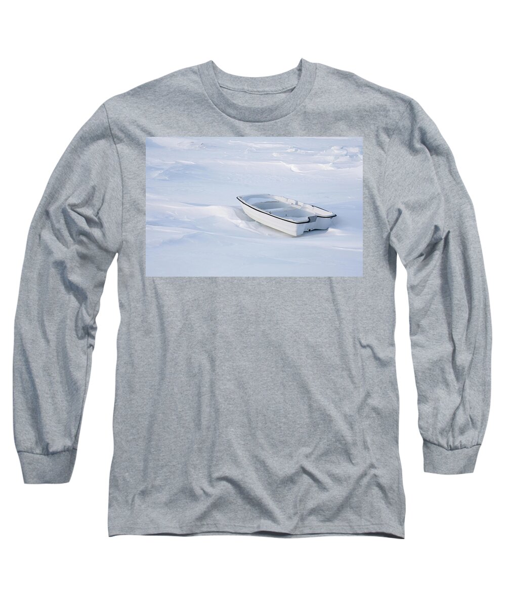 Snow White Backgrounds Long Sleeve T-Shirt featuring the photograph The white fishing boat by Nick Mares