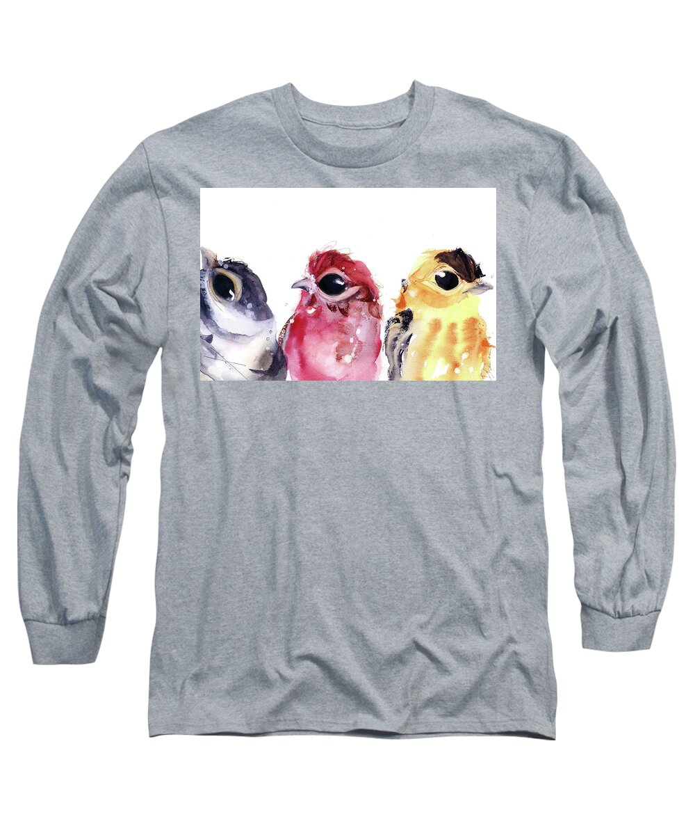 Chickadee Long Sleeve T-Shirt featuring the painting Three Little Birds by Dawn Derman