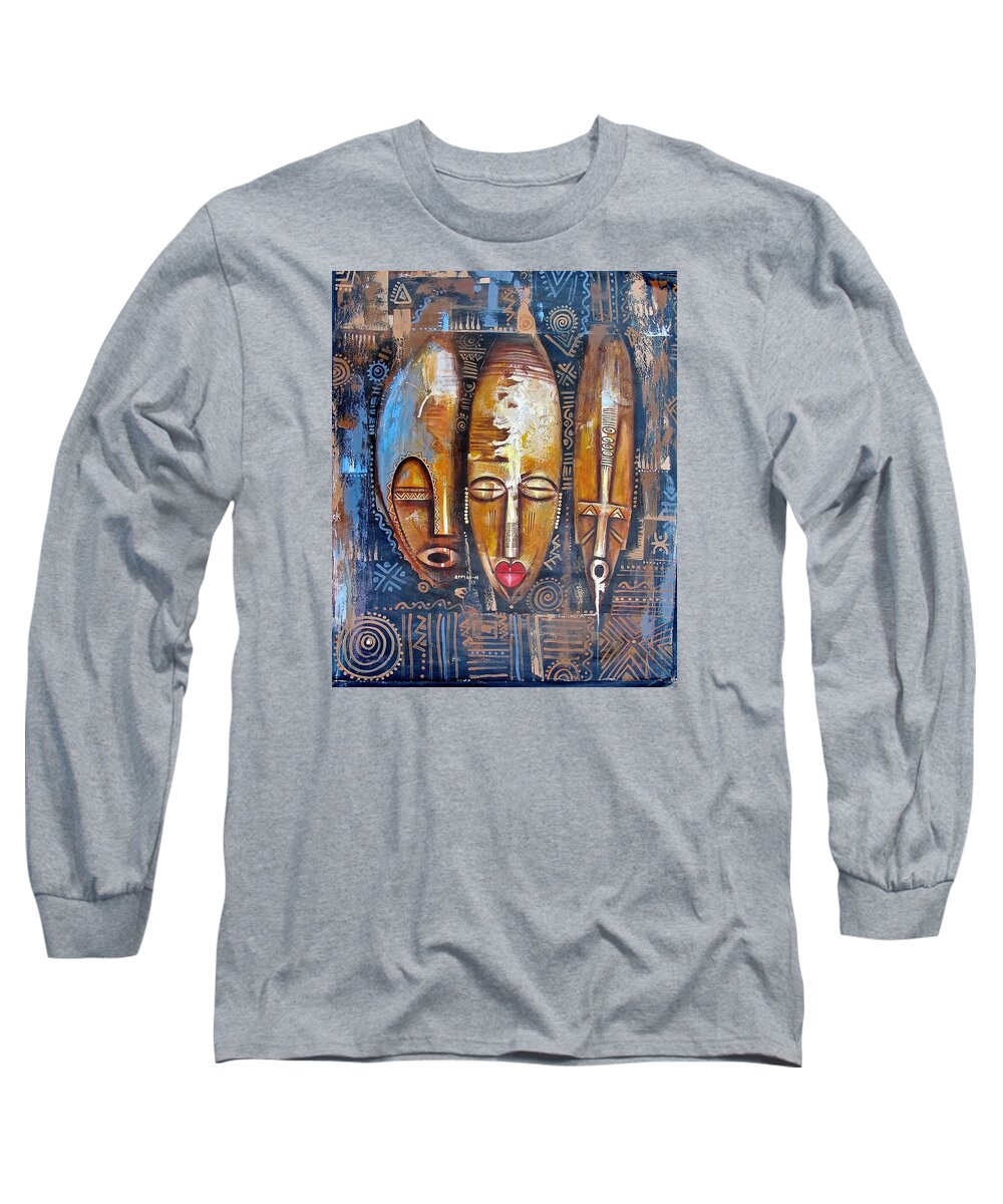 True African Art Long Sleeve T-Shirt featuring the painting Three Masks by Appiah Ntiaw