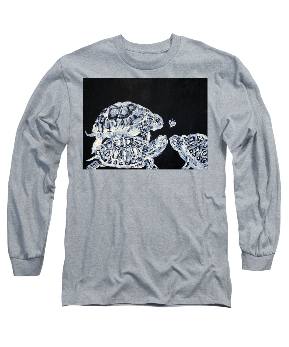 Turtle Long Sleeve T-Shirt featuring the painting Three Terrapins And One Fly by Fabrizio Cassetta