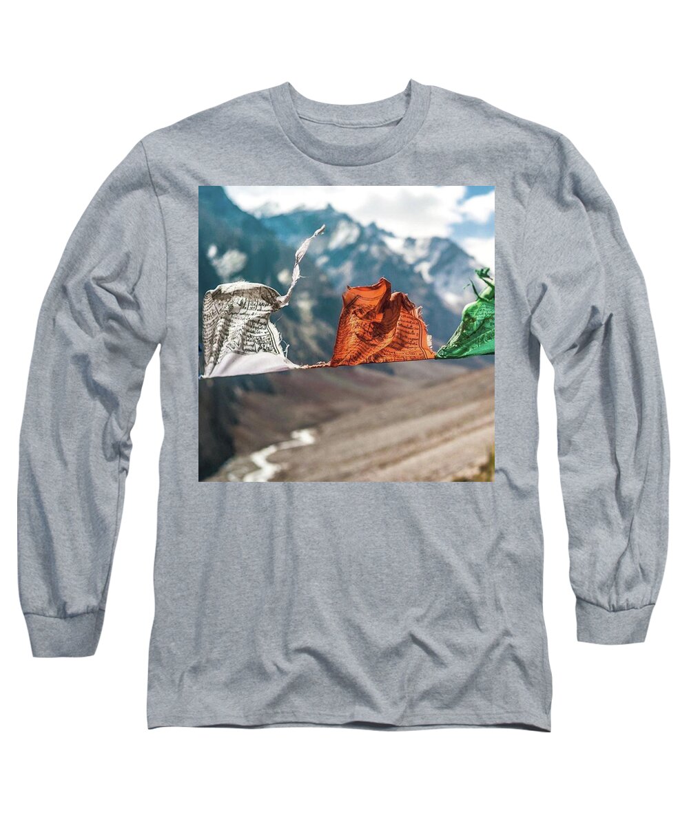  Long Sleeve T-Shirt featuring the photograph Tibetan Flags Blowing In The Wind by Aleck Cartwright