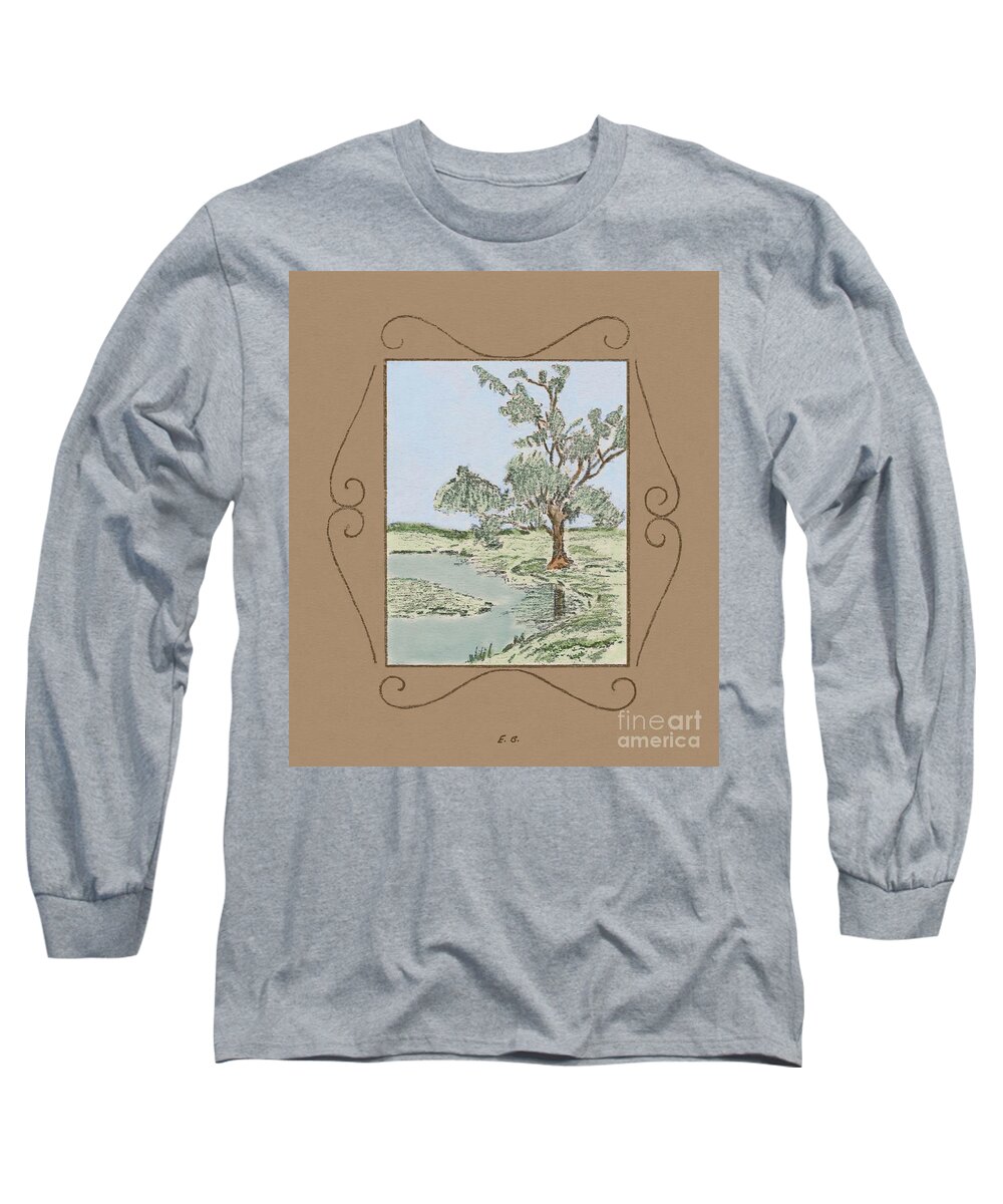 Tree Long Sleeve T-Shirt featuring the drawing Tree Mirror in Lake by Donna L Munro