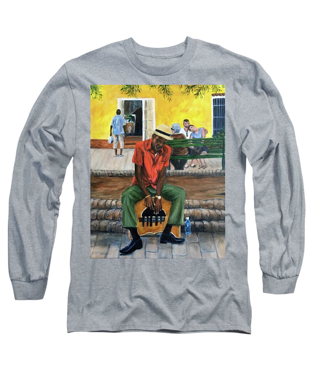 Street Musician Long Sleeve T-Shirt featuring the painting Trinidad Musician #3 by Bonnie Peacher