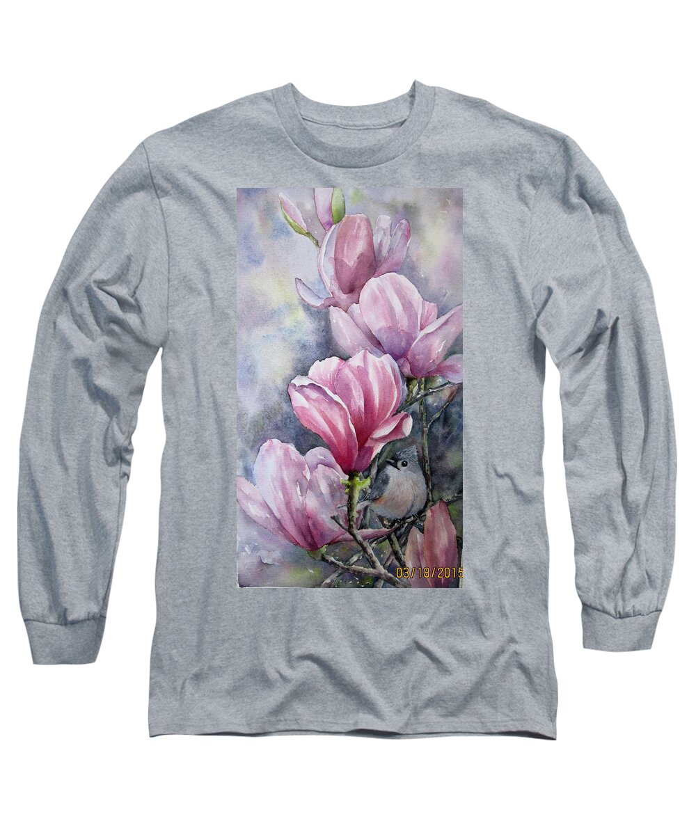 Tulip Tree Blossoms Long Sleeve T-Shirt featuring the painting Tulips and Titmouse by Mary McCullah