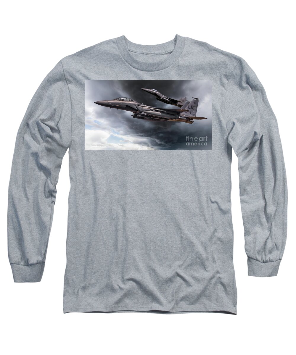 Usaf Long Sleeve T-Shirt featuring the photograph Two fighter jets close up in storm clouds by Simon Bratt