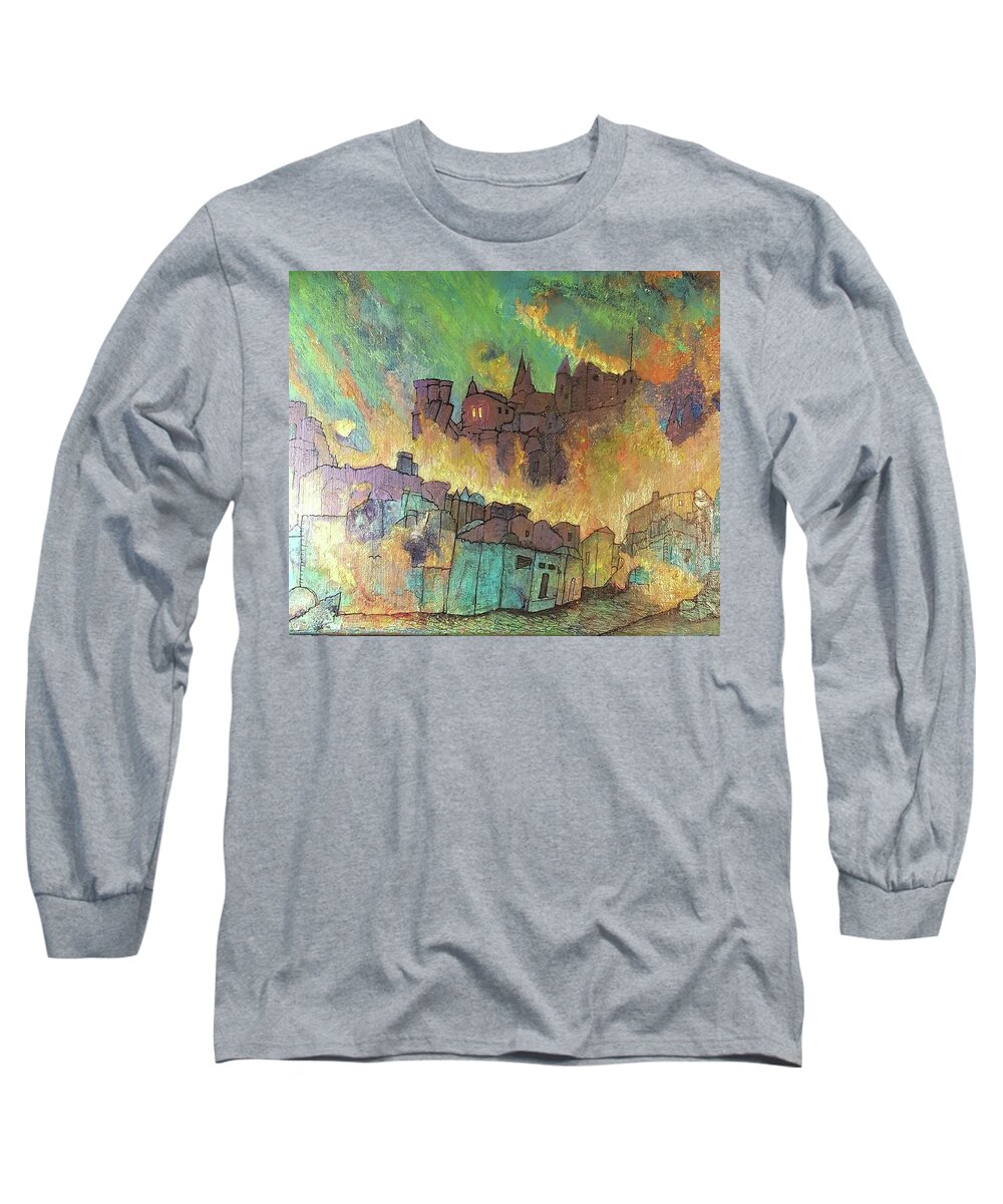 #abstractart #acrylicartforsale #artforsale #paintingsforsale #acrylicinks #acrylicinkpaintings Long Sleeve T-Shirt featuring the drawing Village on fire by Cynthia Silverman