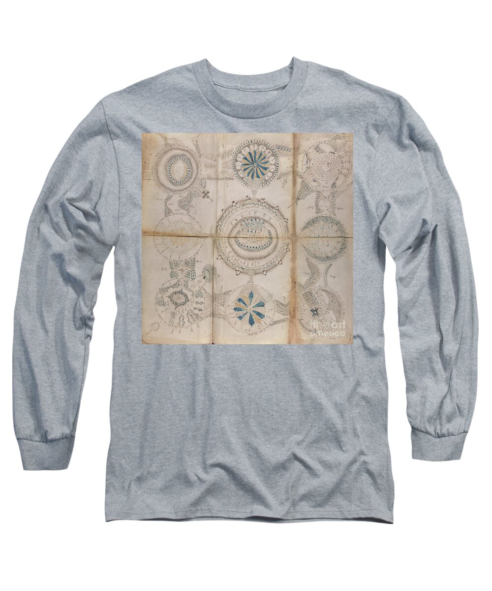 Astronomy Long Sleeve T-Shirt featuring the drawing Voynich Astro 3x3 by Rick Bures
