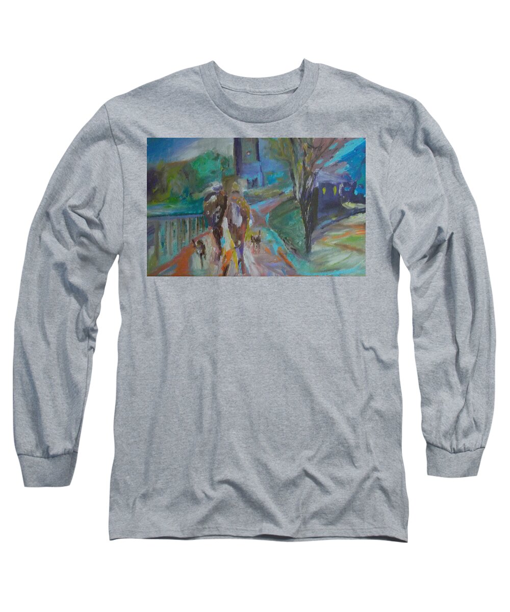 Cityscape Long Sleeve T-Shirt featuring the painting Walkin the Dogs by Susan Esbensen