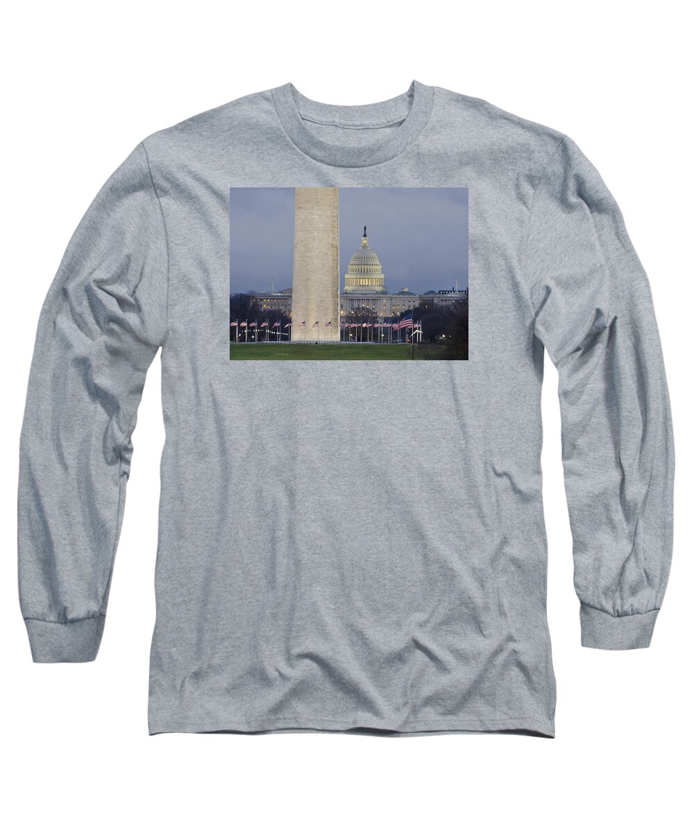 washington Dc Long Sleeve T-Shirt featuring the photograph Washington Monument and United States Capitol Buildings - Washington DC by Brendan Reals