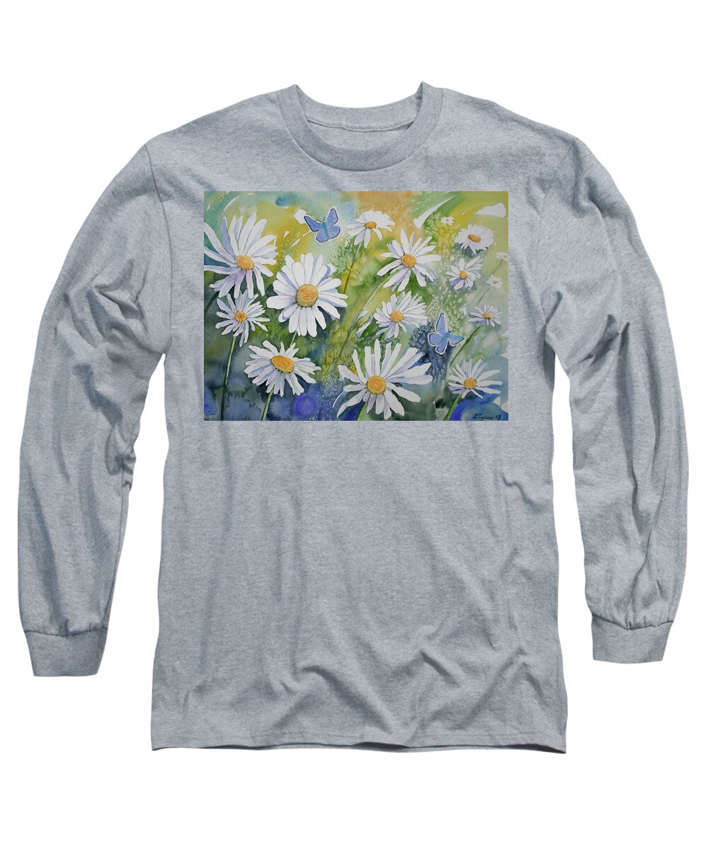 Common Blue Long Sleeve T-Shirt featuring the painting Watercolor - Daisies and Common Blue Butterflies by Cascade Colors