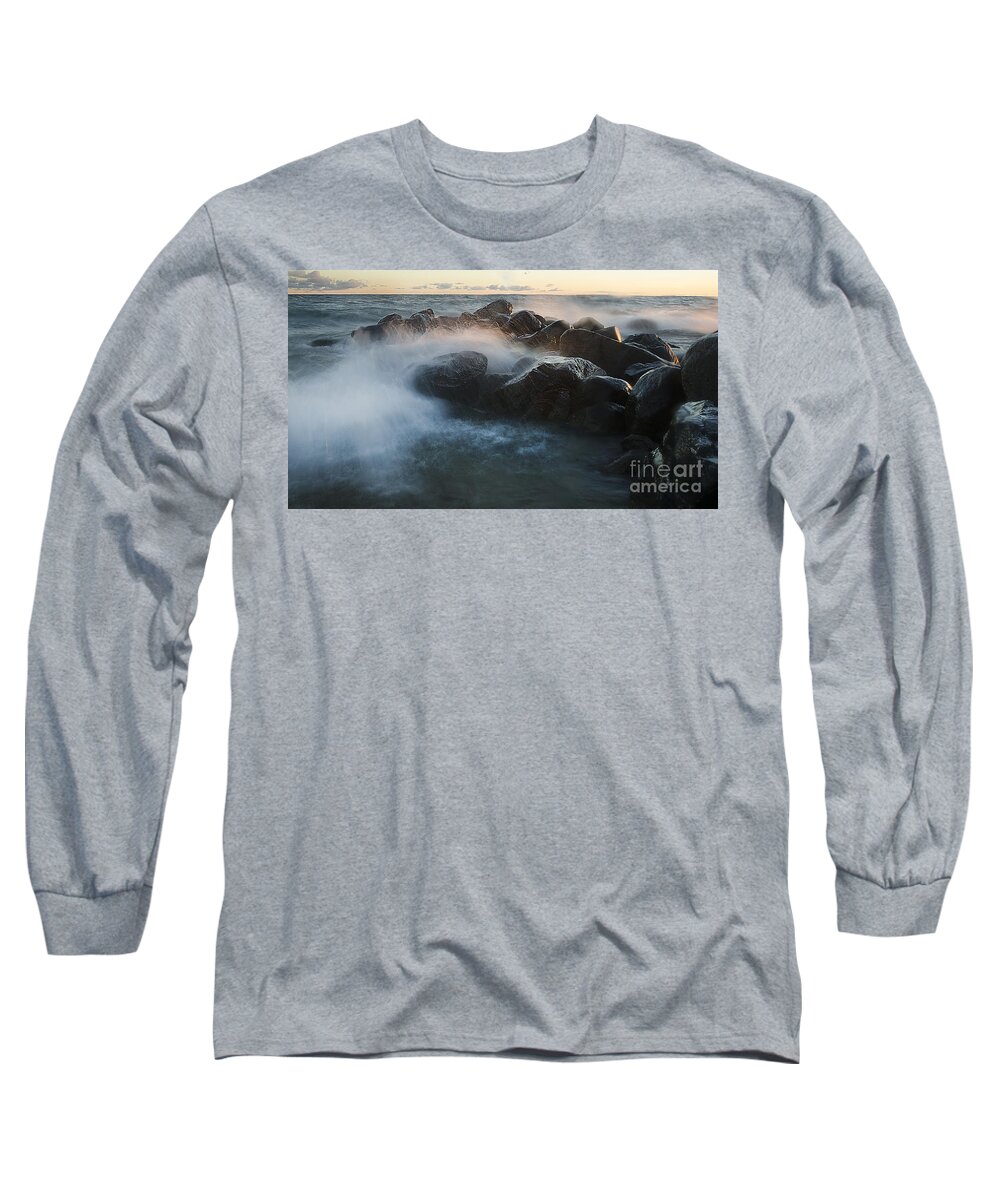 Wave Long Sleeve T-Shirt featuring the photograph Wave Crashed Rocks 7947 by Steve Somerville