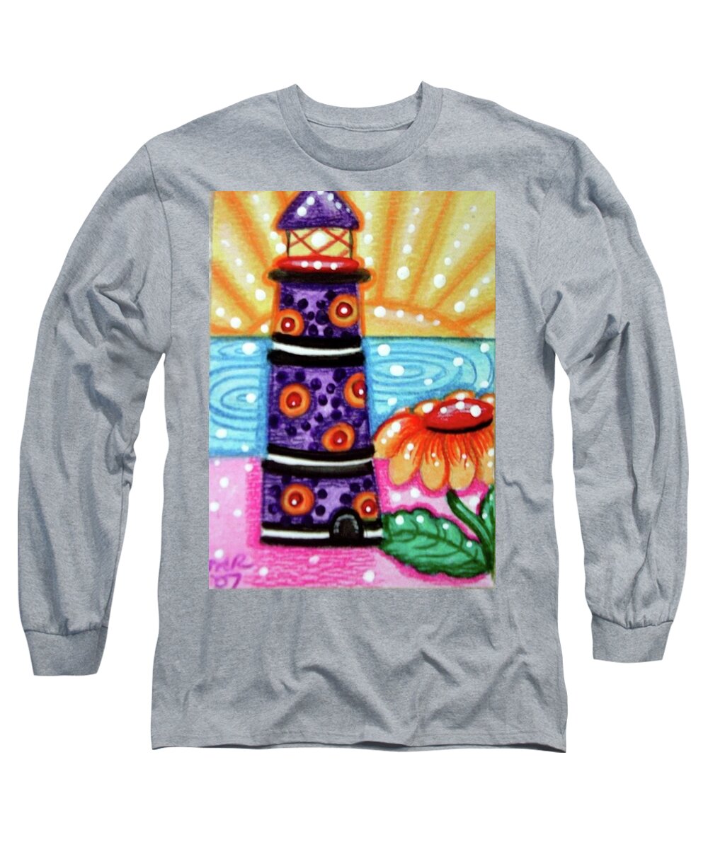 Lighthouse Long Sleeve T-Shirt featuring the painting Whimsical Purple Lighthouse by Monica Resinger
