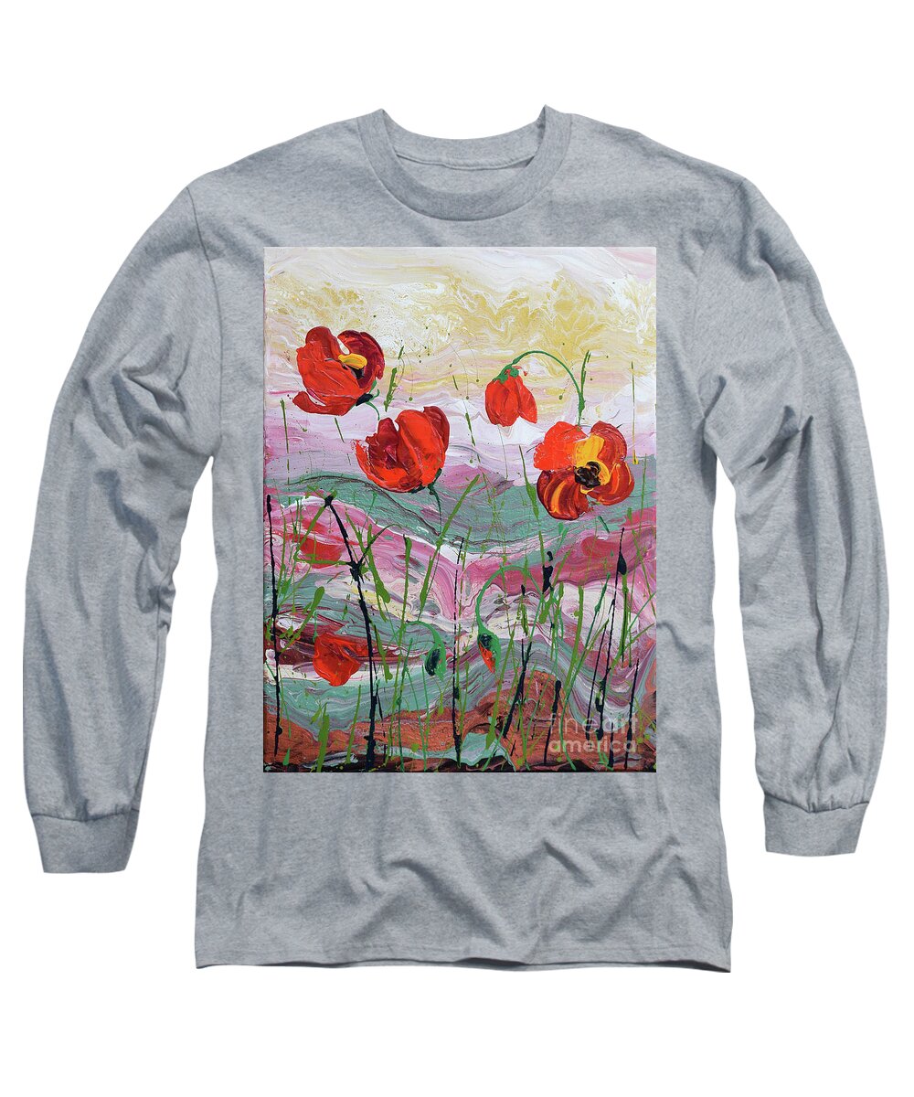 Wild Poppies - Triptych Long Sleeve T-Shirt featuring the painting Wild Poppies - 2 by Jyotika Shroff