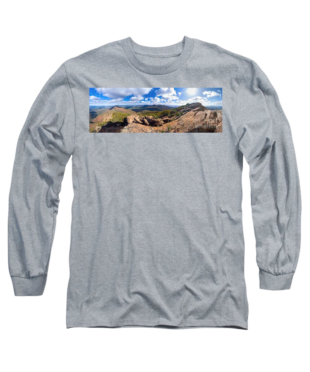 Wilpena Pound St Mary Peak Flinders Ranges South Australia Australian Outback Landscape Landscapes Pano Panorama Long Sleeve T-Shirt featuring the photograph Wilpena Pound and St Mary Peak by Bill Robinson