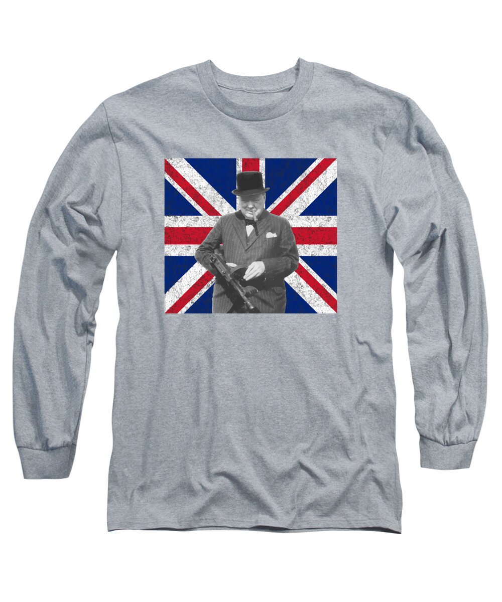 Winston Churchill Long Sleeve T-Shirt featuring the painting Winston Churchill and His Flag by War Is Hell Store