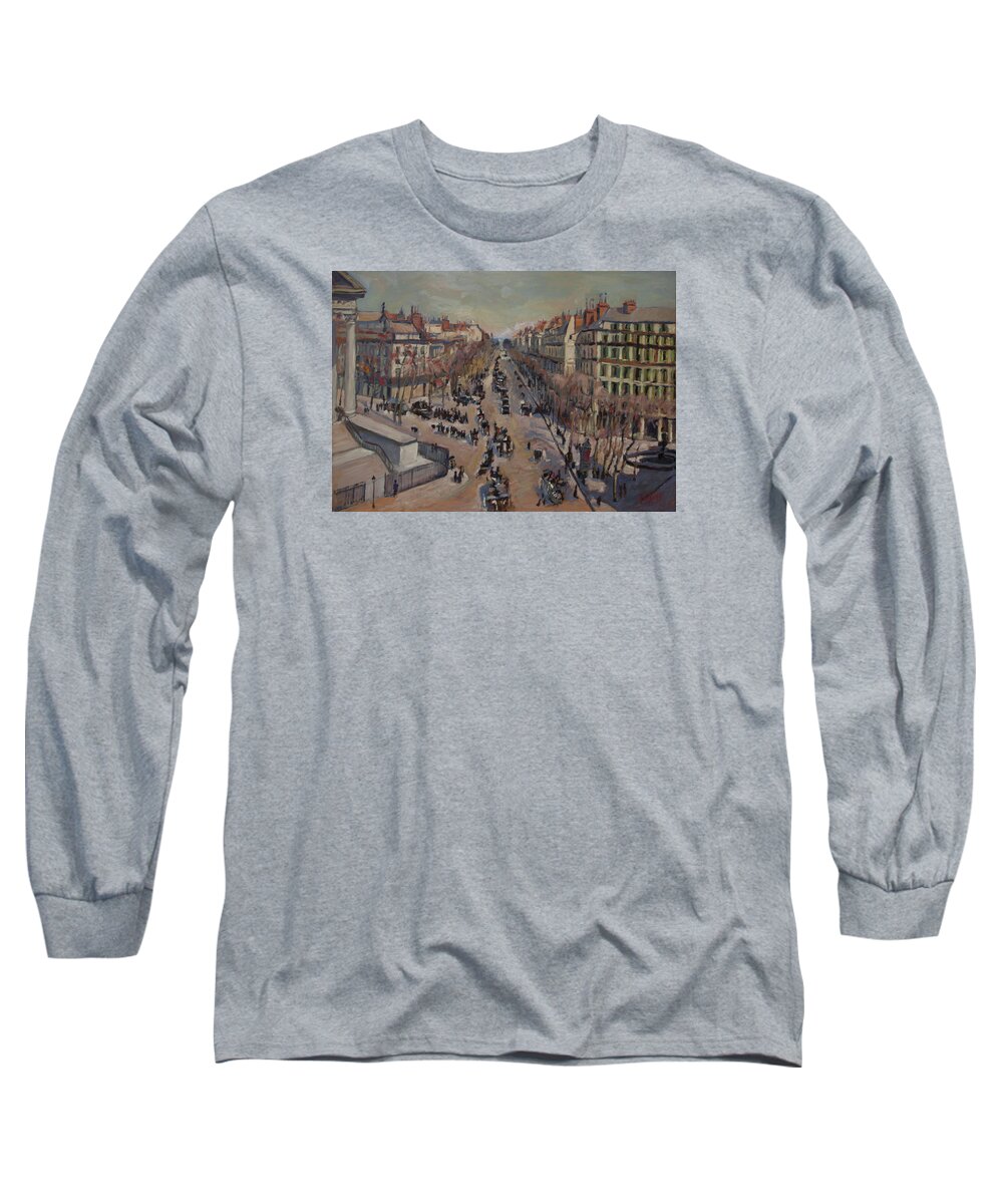 Paris Long Sleeve T-Shirt featuring the painting Winter at the Boulevard de la Madeleine, Paris by Nop Briex