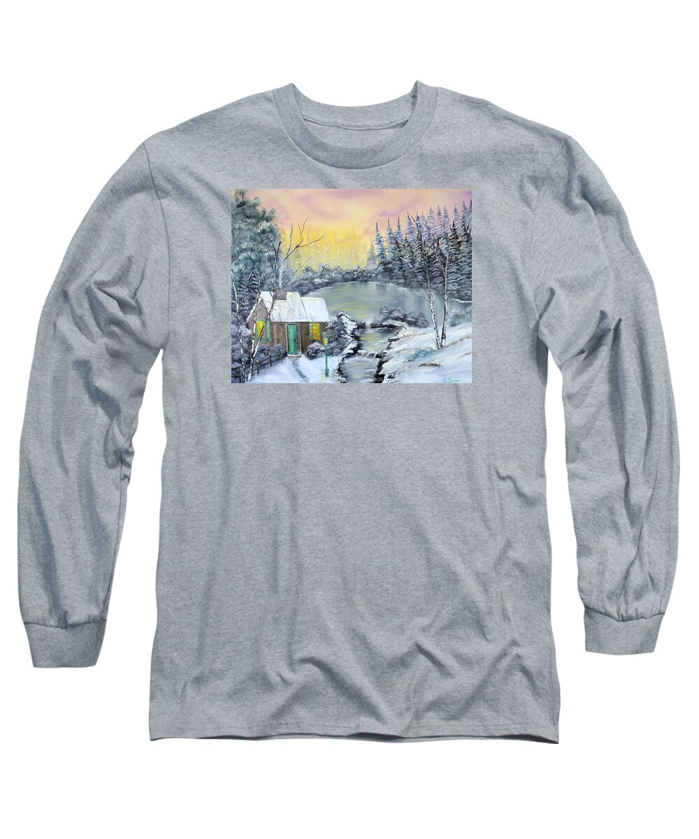 Winter Long Sleeve T-Shirt featuring the painting Winter Cabin by Kevin Brown
