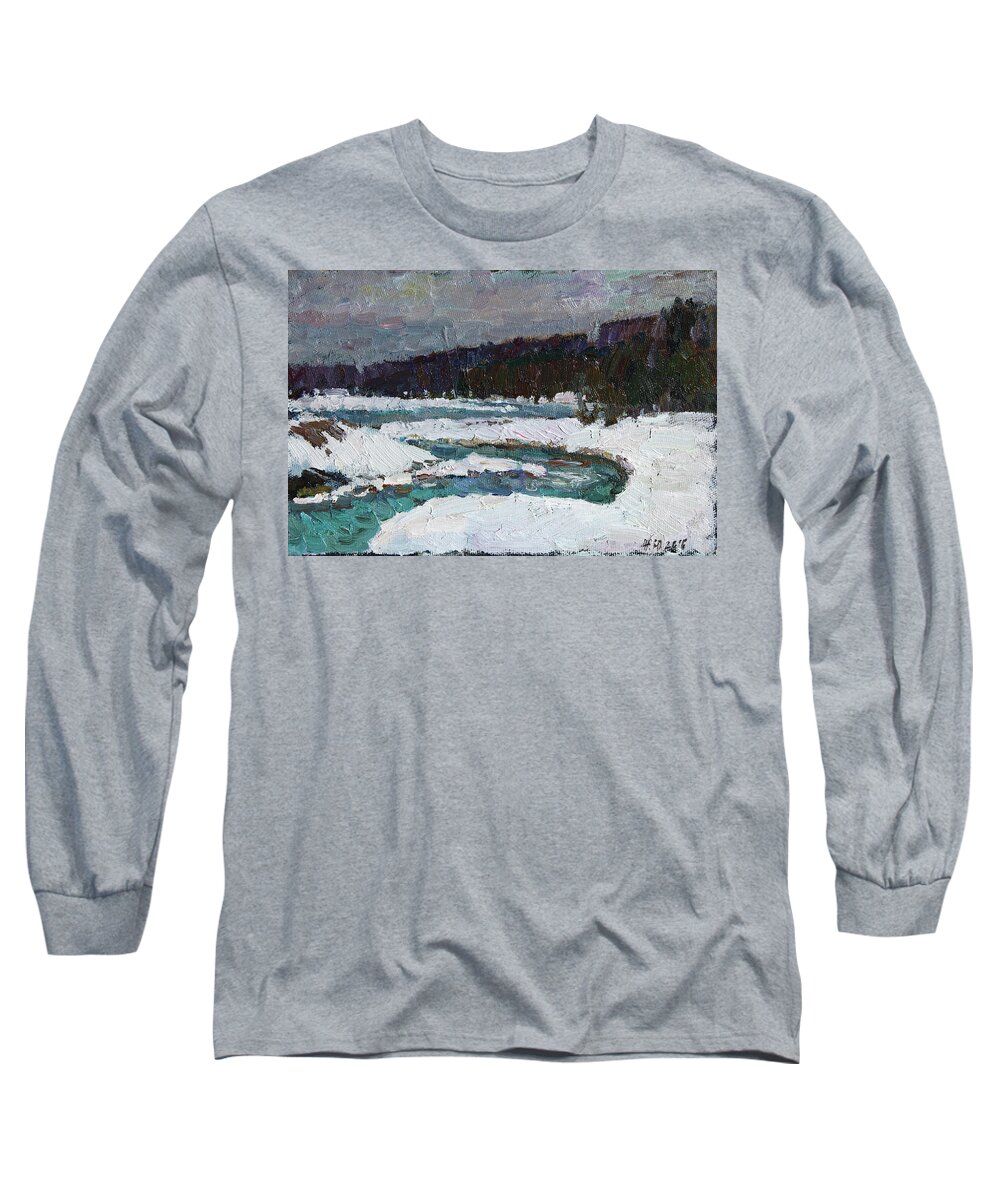 Winter Long Sleeve T-Shirt featuring the painting Winter river by Juliya Zhukova