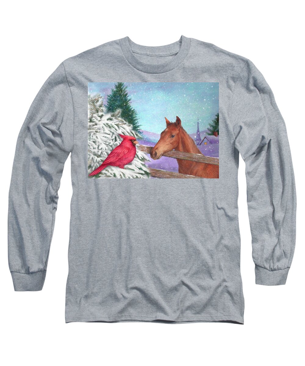 Snowy Landscape Long Sleeve T-Shirt featuring the painting Winterscape with horse and cardinal by Judith Cheng