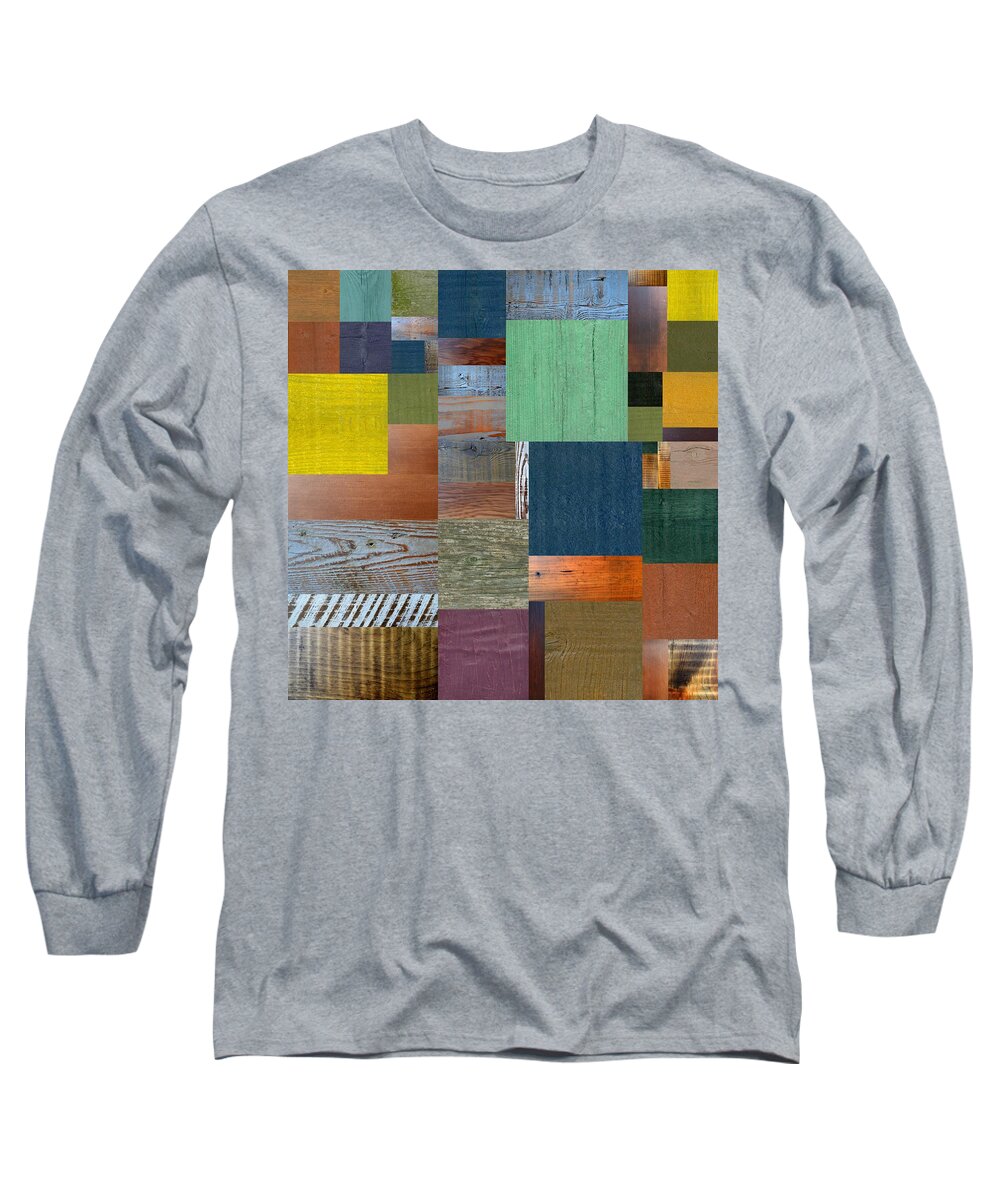 Wooden Long Sleeve T-Shirt featuring the digital art Wood with Teal and Yellow by Michelle Calkins