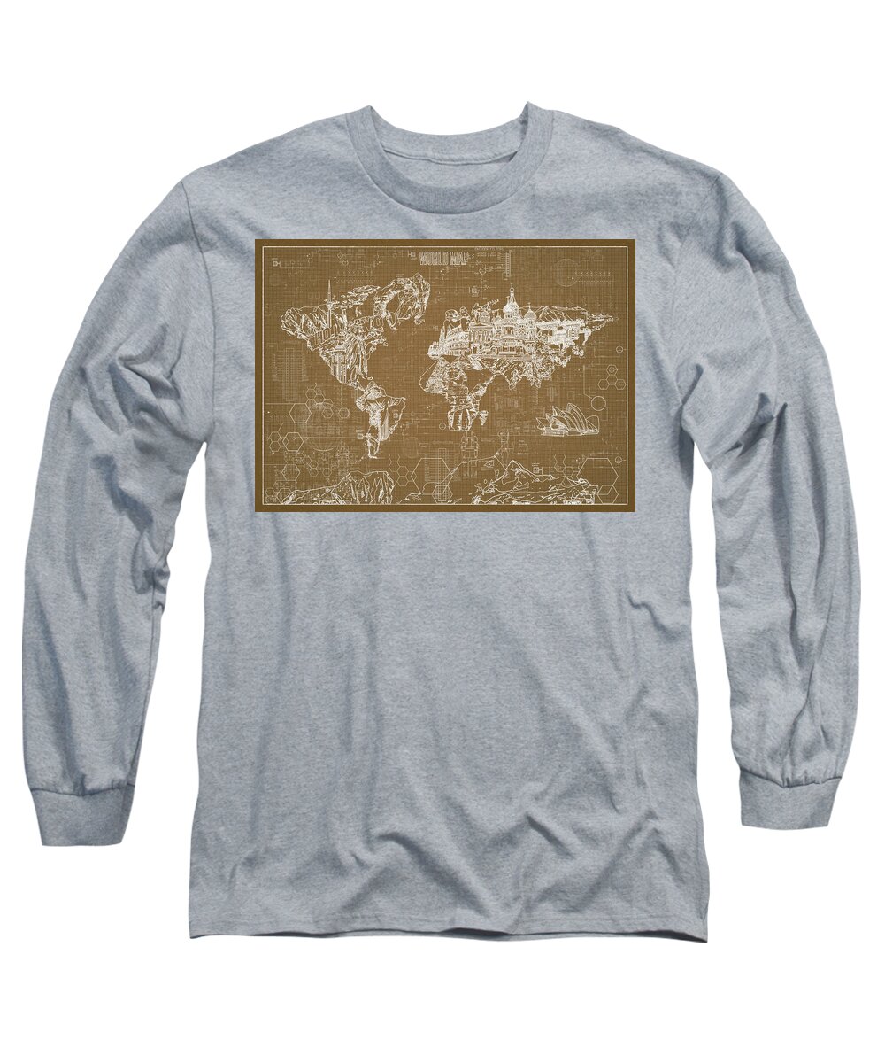 Map Of The World Long Sleeve T-Shirt featuring the digital art World Map Blueprint 4 by Bekim M