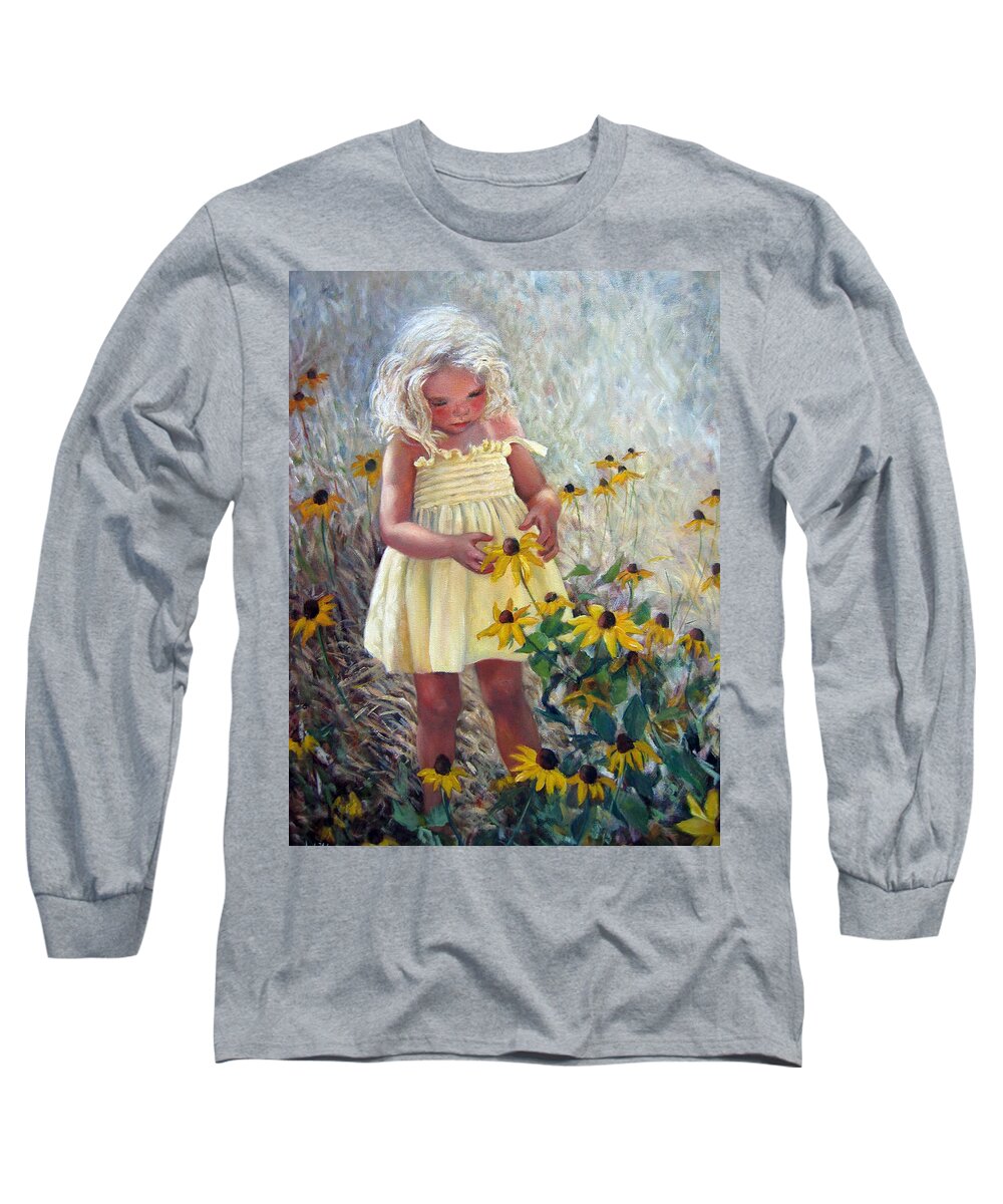 Yellow Sundress Long Sleeve T-Shirt featuring the painting Yellow Dress and Coneflowers by Marie Witte