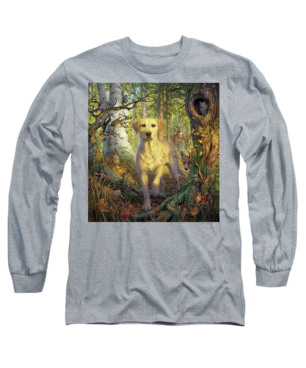 Labrador Long Sleeve T-Shirt featuring the digital art Yellow Lab in Fall by Mark Fredrickson