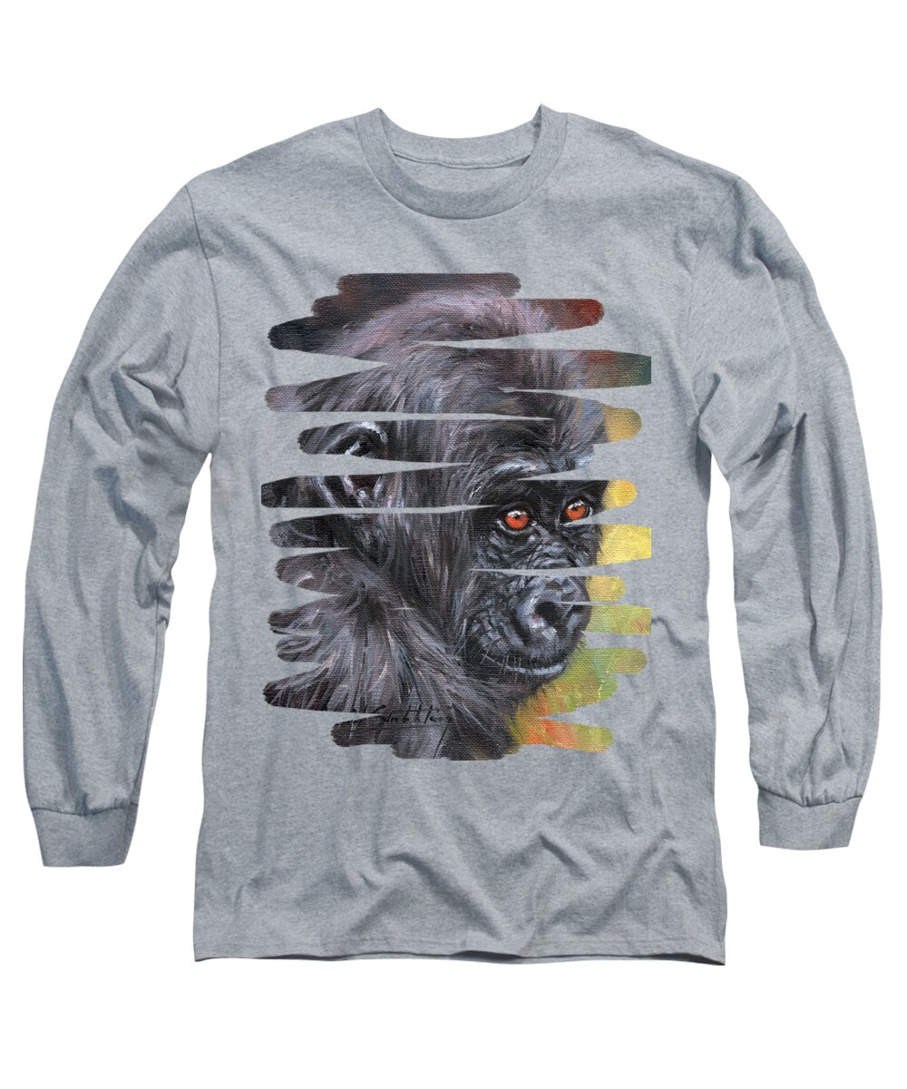 Gorilla Long Sleeve T-Shirt featuring the painting Young Gorilla Portrait by David Stribbling